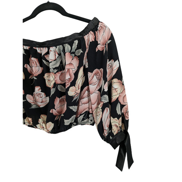 Lulus Floral Crop‎ Top L Black Beige Pink Long Sleeve Elastic Waist Tie Cropped - Picture 2 of 8